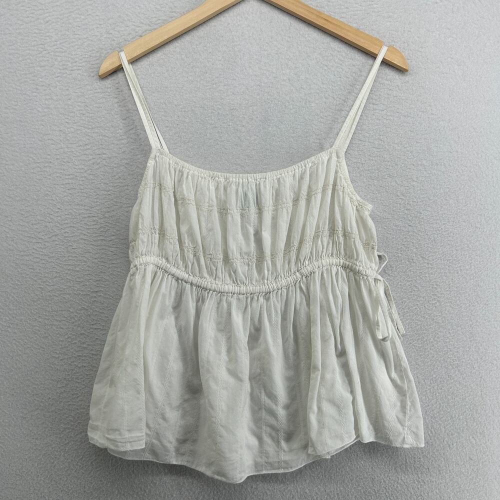 ODILLE Tank Top 10 Babydoll Cami Peplum Ruched Sleeveless Textured Cotton White